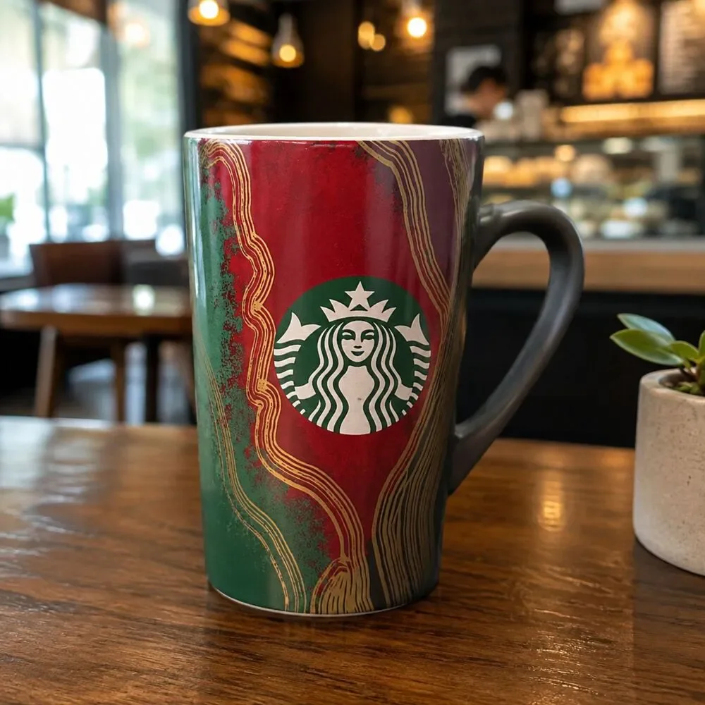 Starbucks 2021 16 oz Ceramic Tall Mug Red/Green/ Gold Holiday Coffee Cup